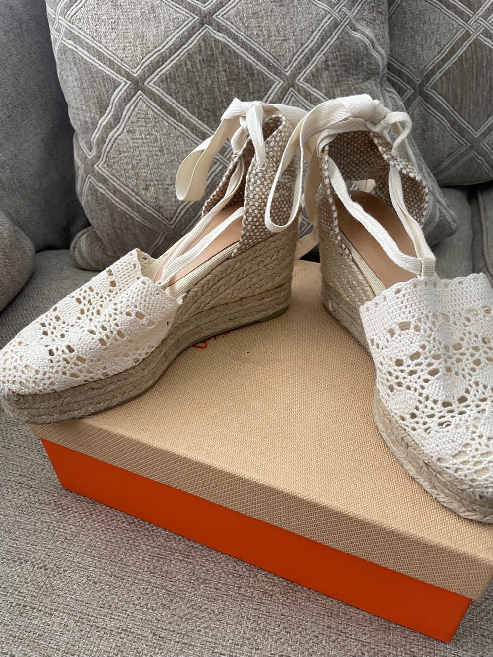 Cream Crochet Espadrille Wedge Sandals with Ankle Tie